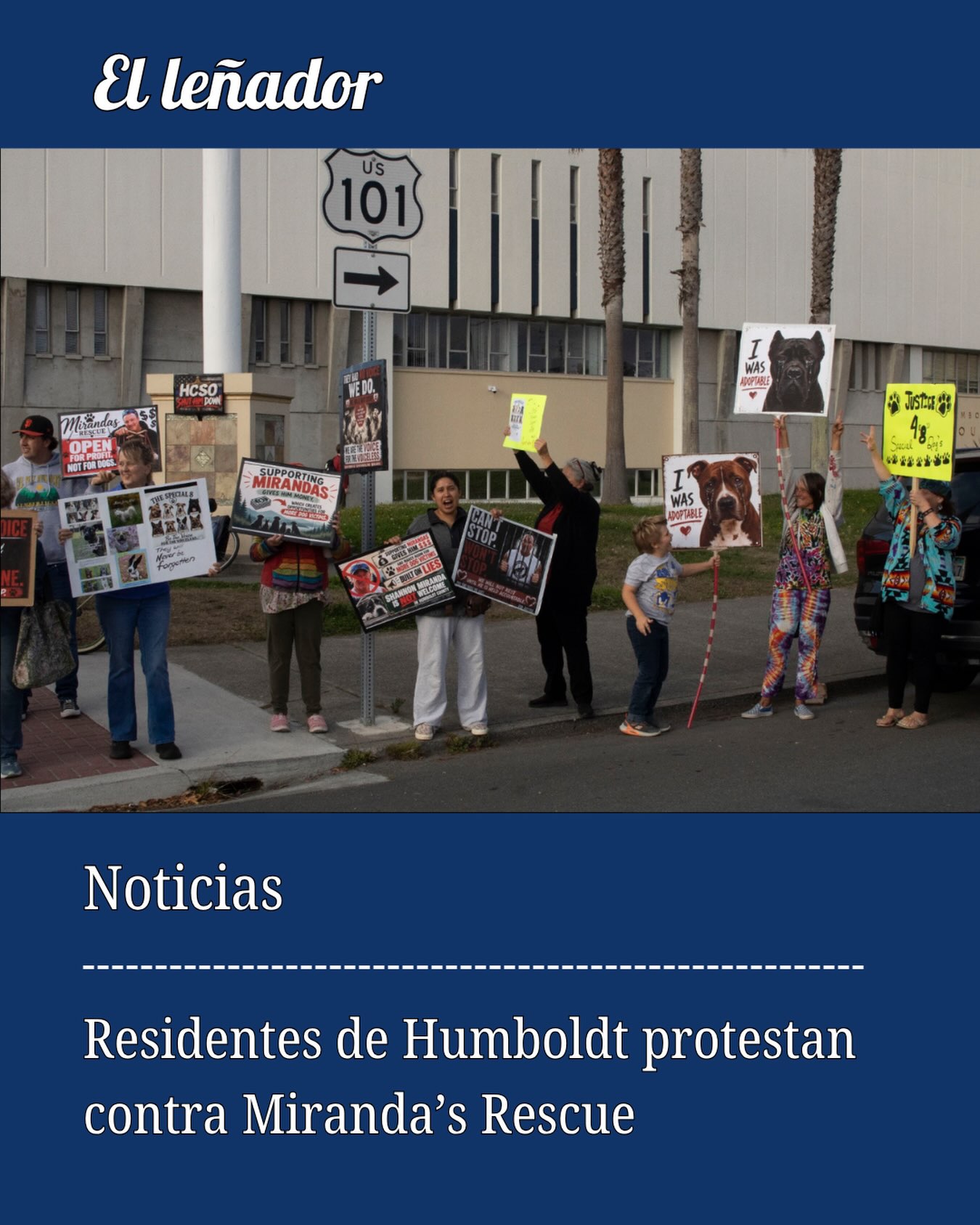 Alrededor de 30 manifestantes se reunieron frente al Tribunal del Condado de Humboldt el lunes 28 de septiembre en respuesta a la restauración del permiso de uso de suelo de Miranda’s Rescue.

Shannon Miranda, propietario de Miranda’s Rescue, ha estado bajo el escrutinio público durante los últimos seis meses, luego de que se realizara una investigación en la propiedad de Fortuna. La investigación comenzó en abril de este año, después de que la Oficina del Sheriff del Condado de Humboldt recibiera información con acusaciones de maltrato y crueldad animal. Según el sitio web del Condado de Humboldt, la investigación resultó en la recuperación de 117 restos caninos intactos en dos sitios de excavación y más de 600 collares de perro.

Jenna Moore, una de las denunciantes que dieron inicio a la investigación y propietaria de Moore Love Rescue en Fortuna, ayudó a organizar la protesta.

“Sabemos que esto va a tomar tiempo. Parte de la frustración es que la comunidad es víctima”.

Por Kasandra Arreola y traducido por Vicky Hernández 
Fotos por Alexis Sarmiento 

Para ver la historia completa, haga clic en el enlace de nuestra biografía.

#ellenadornews  #noticiasdehumboldt #mirandasrescue #humboldt #noticaisbilingüe