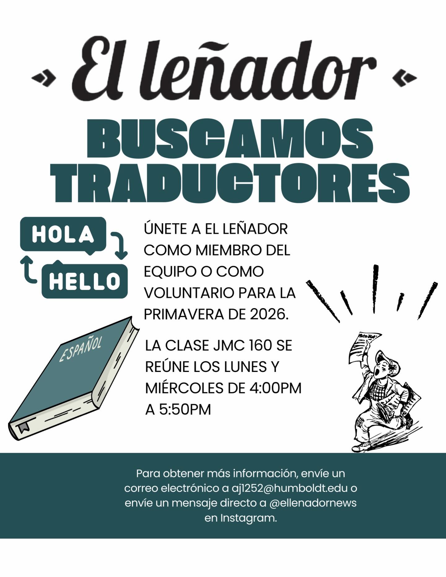 ¡Buscamos traductores en español! Estamos buscando estudiantes de Cal Poly Humboldt que estén interesados en unirse como voluntarios a nuestra publicación estudiantil. El Leñador sirve a nuestra comunidad ampliando las historias que se cuentan sobre las personas BIPOC en nuestro campus y comunidad. 

Si quieres obtener más información, únete a nosotros en el evento de bienvenida el jueves 15 de enero, de 12:00 a 1:15 en Gist Hall 215. Se pueden eximir los requisitos previous. 

Para obtener más información, por favor envía un correo electrónico a aj1251@humboldt.edu o envíanos un mensaje directo en Instagram. 

#ellenadornews #noticiasdehumboldt #CalPolyHumboldt #CPHumboldt #accesshumboldt