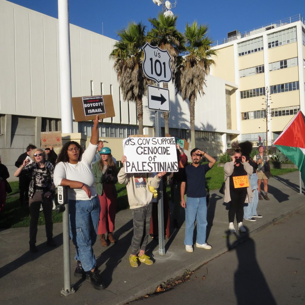 Multiple protesters gathered outside of the Eureka courthouse holding signs in support of Palestine.