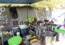 mutual aid kitchen at the occupied cal poly humboldt campus. Pots and pans with reusable dishes about.