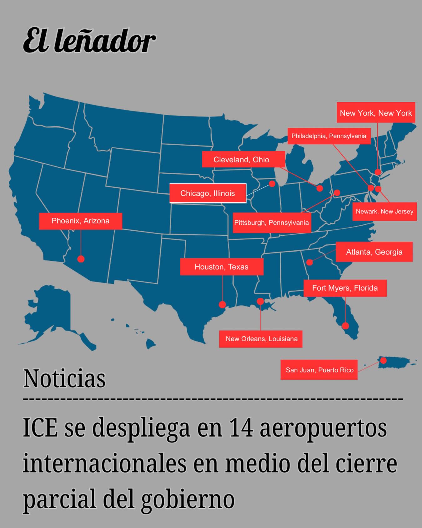 Agentes de Immigration and Customs Enforcement (ICE) detuvieron a una mujer frente a su hija en el San Francisco International Airport (SFO) el 22 de marzo, en medio del despliegue de agentes de ICE en varios aeropuertos internacionales de todo Estados Unidos. Mientras SFO no figura actualmente entre los aeropuertos a los que la administración de Trump ha enviado agentes, este incidente ha generado ansiedad a muchas personas en toda el Área de la Bahía y el norte de California. 

El 27 de marzo, la cámara de representantes rechazó un trato del senado bipartidista para terminar con el cierre del gobierno que está afectando al Department of Homeland Security y a su vez, dejando al Transportation Security Administration (TSA) sin paga. El Presidente Trump firmó  una orden el mismo día para acceder a una fuente de fondos para pagar al TSA. El zar fronterizo de la Casa Blanca dijo a la CNN que ICE seguirá en los aeropuertos de EEUU hasta que las operaciones de la TSA vuelvan otra vez a la normalidad y se “sientan que están al 100 por ciento”. 

Historia y gráfica por Mia Costales
Traducido por Carmen Ruiz Fernández 

Para ver la historia completa, haga clic en el enlace de nuestra biografía.

#ellenadornews #condadodehumboldt #noticiasdehumboldt  #CPHumboldt #Accesshumboldt