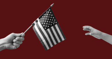 Person holding a flag and a person reaching for a flag.